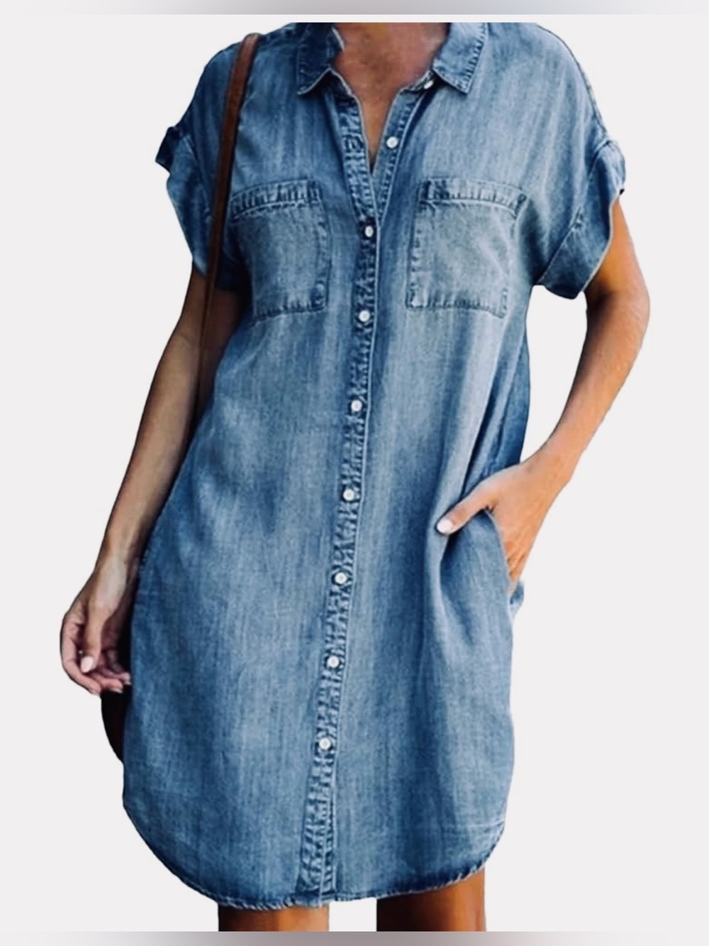 Casual Chambray Snap-Front Shirt Dress - Blue